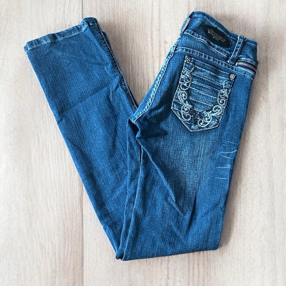 VINTAGE🗝️STAR121💫Women's Blue Low-Rise Straight Leg with Embroidery Pockets
